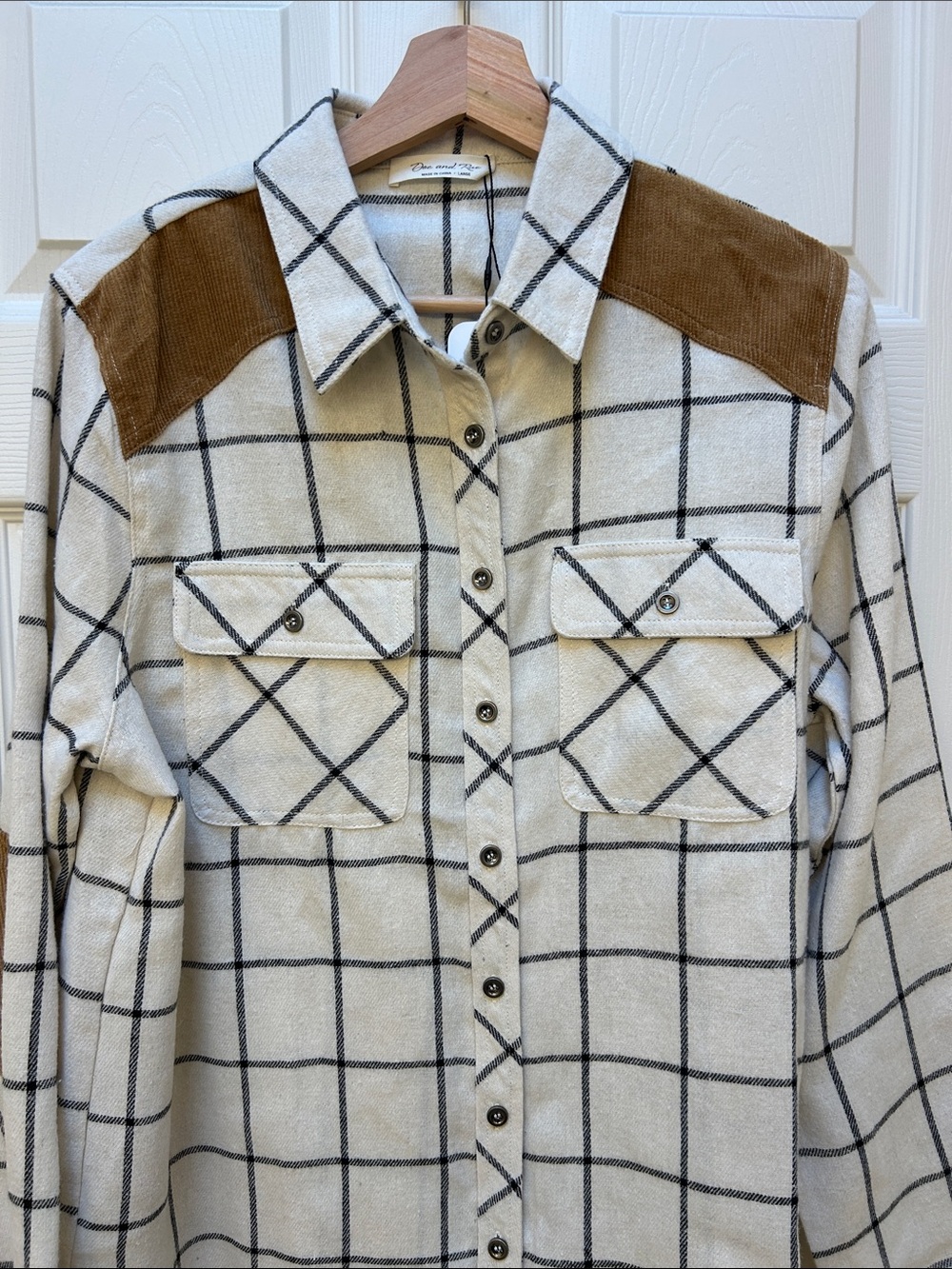NWT Doe & Rae Plaid Button-Down Flannel Shirt Cottagecore Corduroy Accent Size L